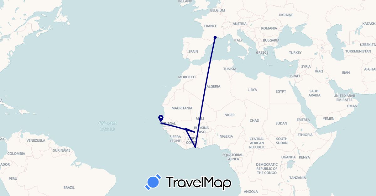TravelMap itinerary: driving in Burkina Faso, Côte d'Ivoire, France, Mali, Senegal (Africa, Europe)